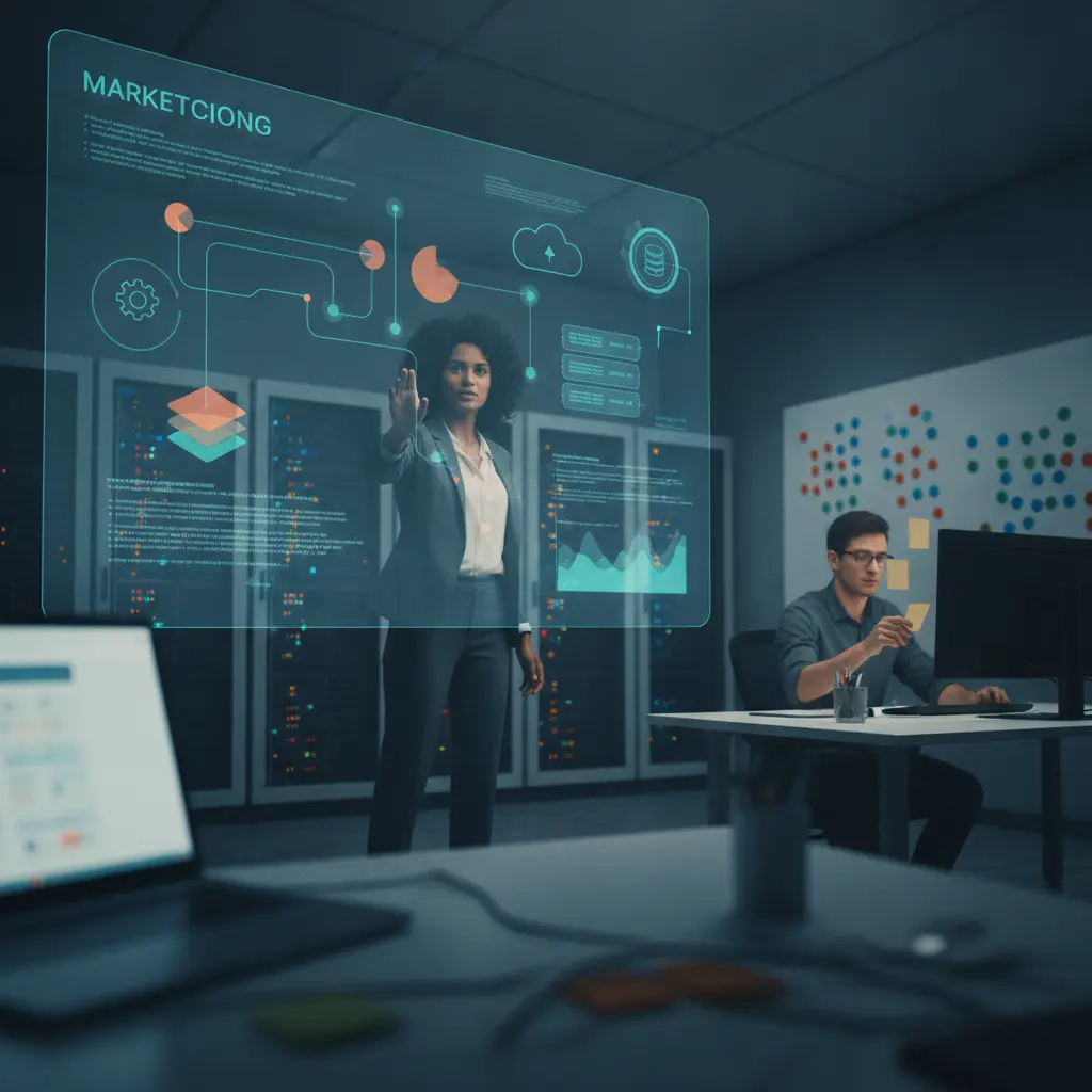 Profissional de Marketing Ops ajustando painel transparente com fluxos de dados, equipe e servidores ao fundo em ambiente de operações.