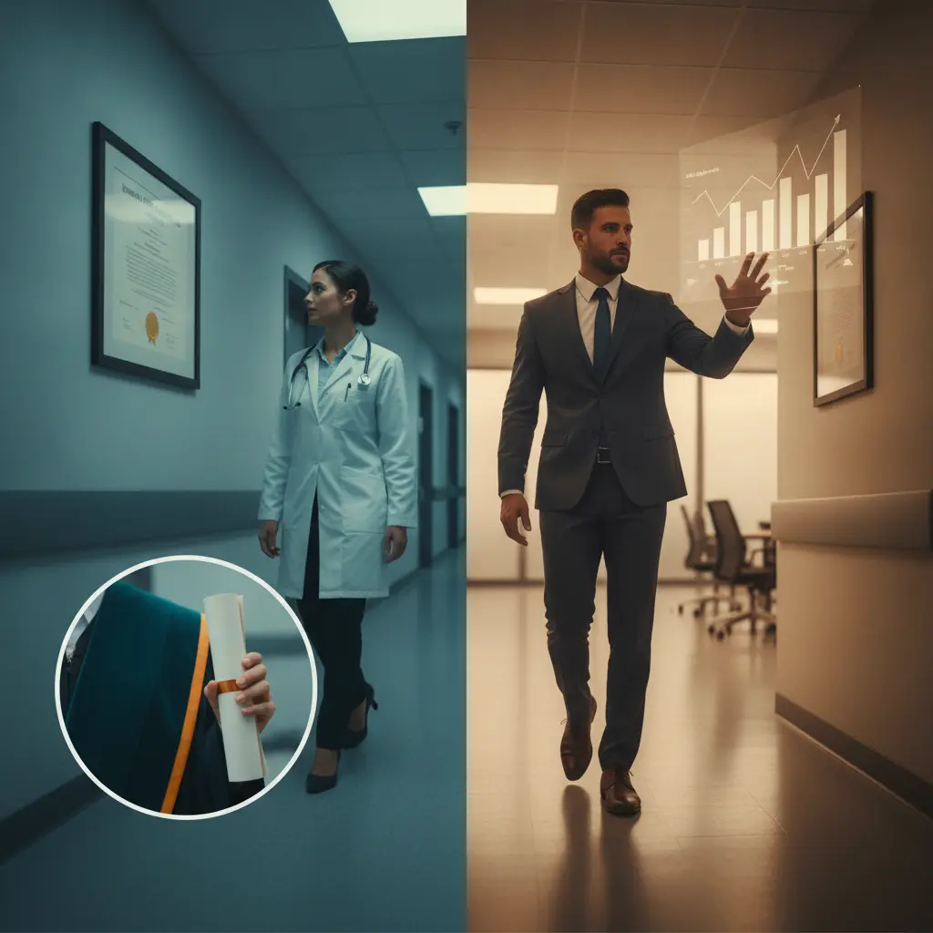Dois profissionais em ambientes reais: um médico com diploma na parede e um executivo com capelo de pós-graduação sobre o ombro, simbolizando requisito versus diferencial.