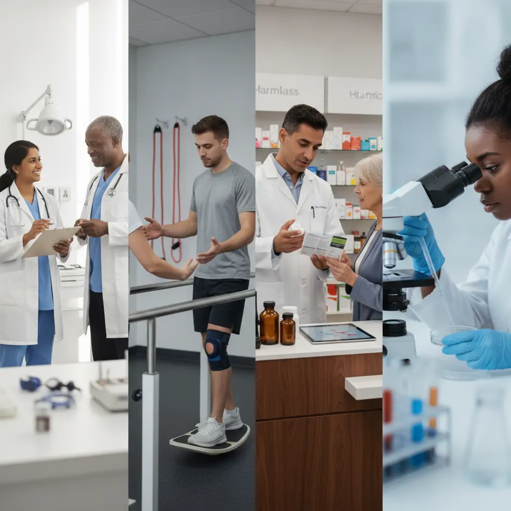 Quatro profissionais de saúde em ambientes ambulatoriais (consulta médica, fisioterapia, farmácia, laboratório) mostrando rotinas e ambientes distintos para comparação de carreira.