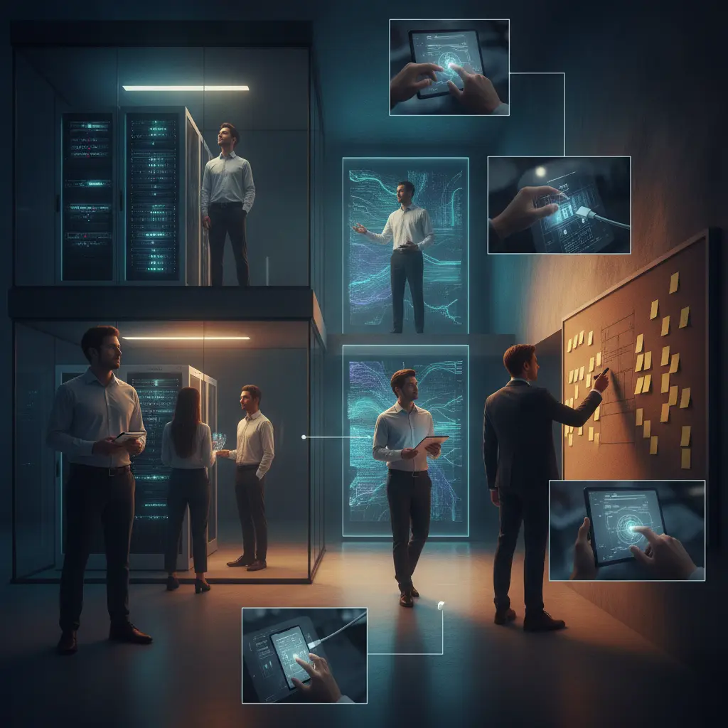 Equipe de tecnologia em um ambiente realista mostrando servidor, visualização de dados, designer esboçando e QA testando, sem textos visíveis.