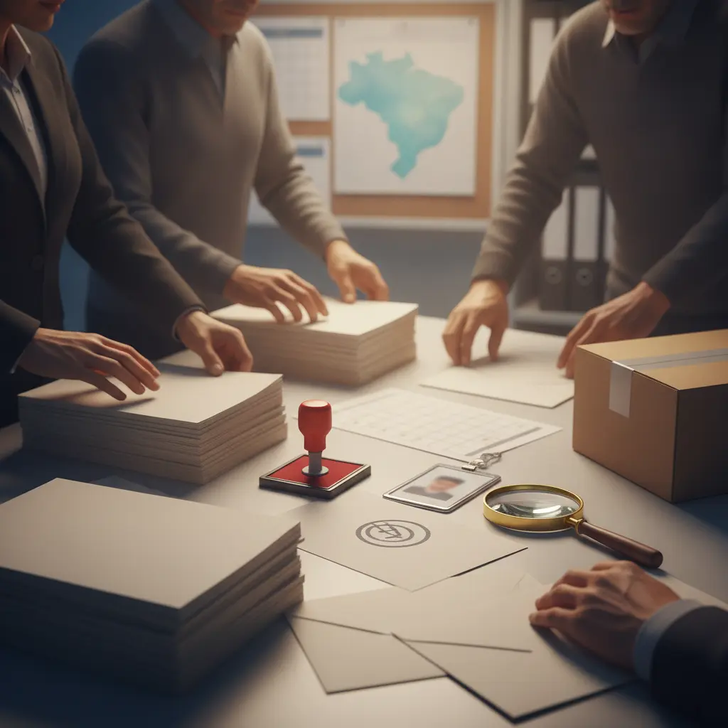 Mãos organizando provas do Enade sobre mesa com envelopes, carimbo, crachá e mapa do Brasil ao fundo, em estilo editorial.