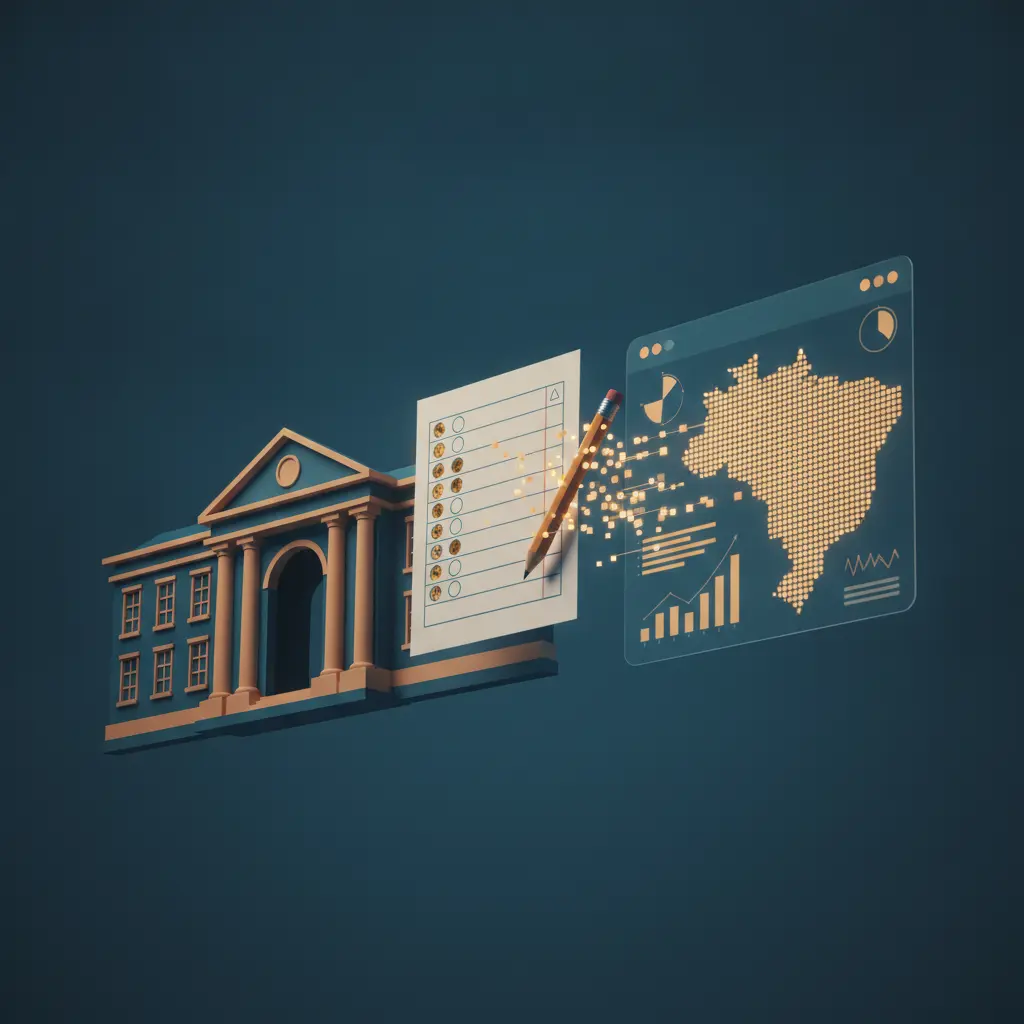 Ilustração editorial: prova de múltipla escolha se transforma em pontos de dados que fluem para dashboards e um mapa do Brasil, simbolizando integração do Enem à avaliação da educação básica.