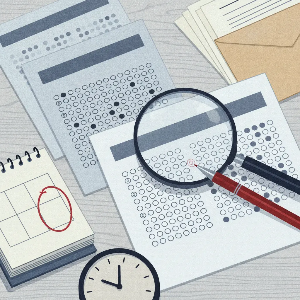 Ilustração editorial: close-up de gabarito com lupa, caneta vermelha e calendário circulado indicando prazo para recorrer.