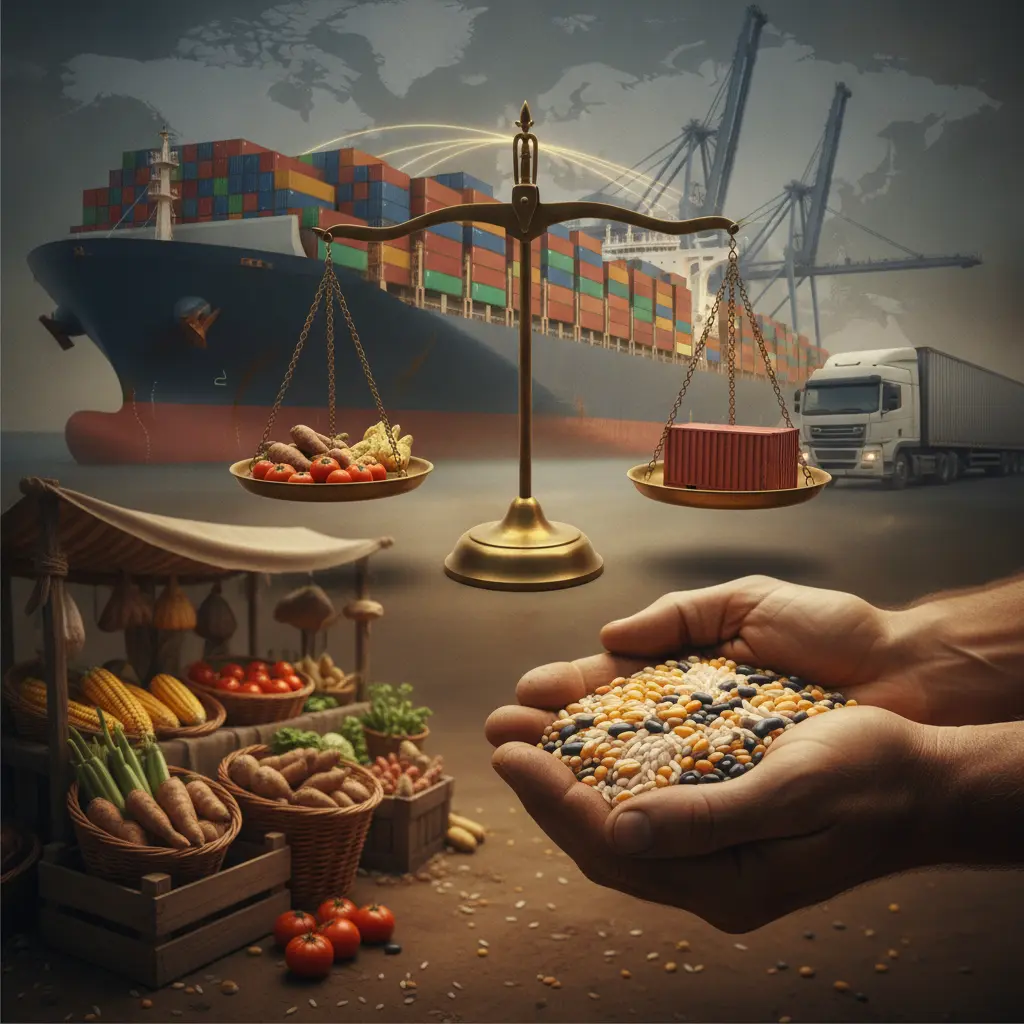 Ilustração editorial com mãos segurando grãos, feira local em segundo plano e navio cargueiro ao fundo, simbolizando soberania alimentar e comércio global.