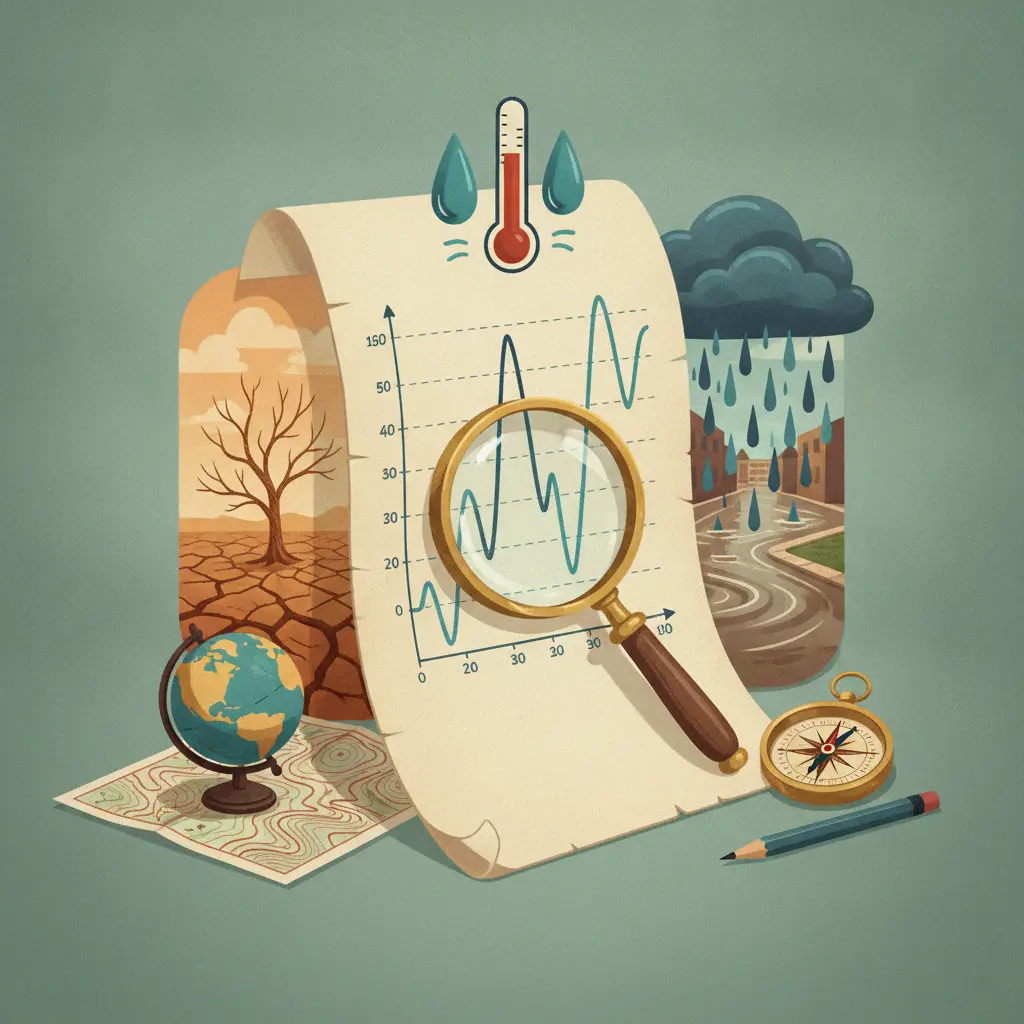 Ilustração editorial de um climograma distorcido com lupa, mapa e paisagem dividida entre seca e enchente, representando extremos climáticos.