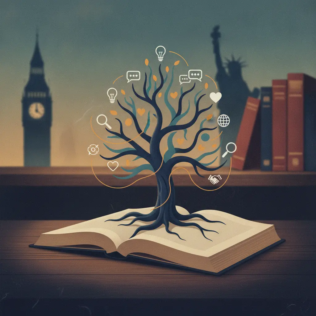 Ilustração editorial de um livro aberto com uma 'árvore de palavras' conectando ícones que simbolizam sinônimos e word families, com silhuetas do Big Ben e da Estátua da Liberdade ao fundo.