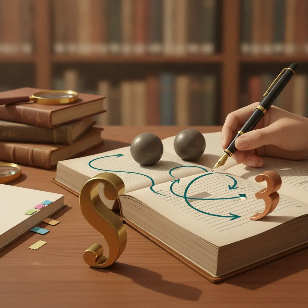 Ilustração editorial: livro aberto, símbolos de pontuação (dois-pontos, ponto e vírgula, vírgula) como objetos e uma mão com caneta mostrando organização de períodos.