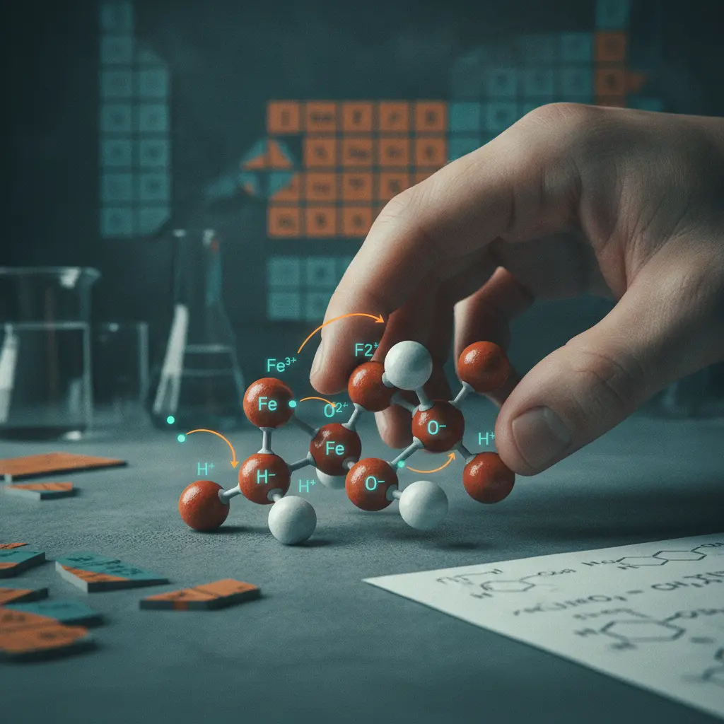 Ilustração editorial close-up de modelo molecular destacando números de oxidação e setas de oxirredução, com tabela periódica desfocada ao fundo.