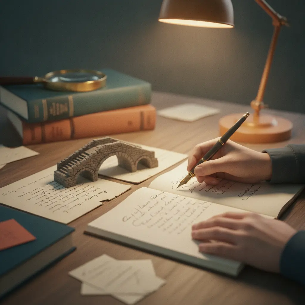 Mãos escrevendo em um caderno com uma mini ponte sobre páginas rasgadas, metáfora visual de analogias que conectam ideias na introdução da redação.