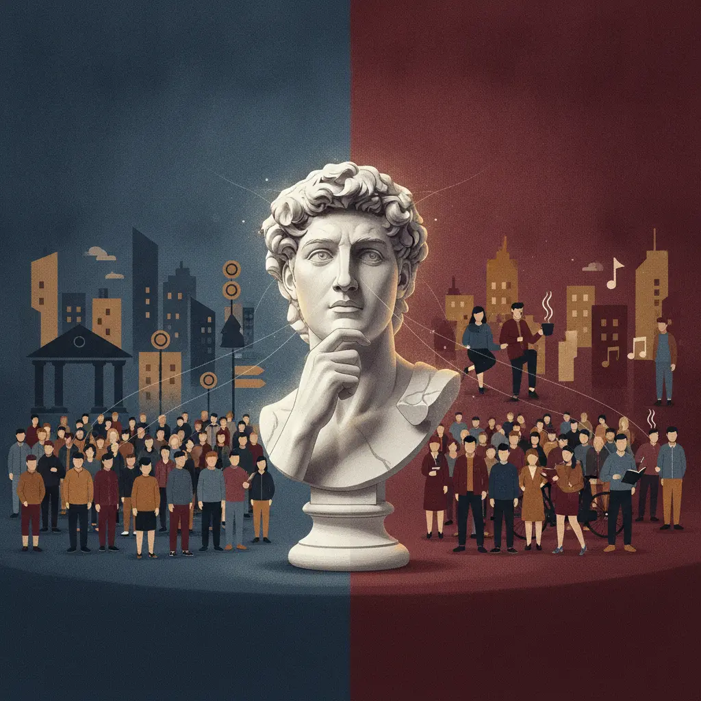 Ilustração editorial dividida: busto de pensador ao centro, à esquerda multidão unificada por fios e símbolos de normas sociais, à direita pessoas com escolhas e objetos pessoais distintos.