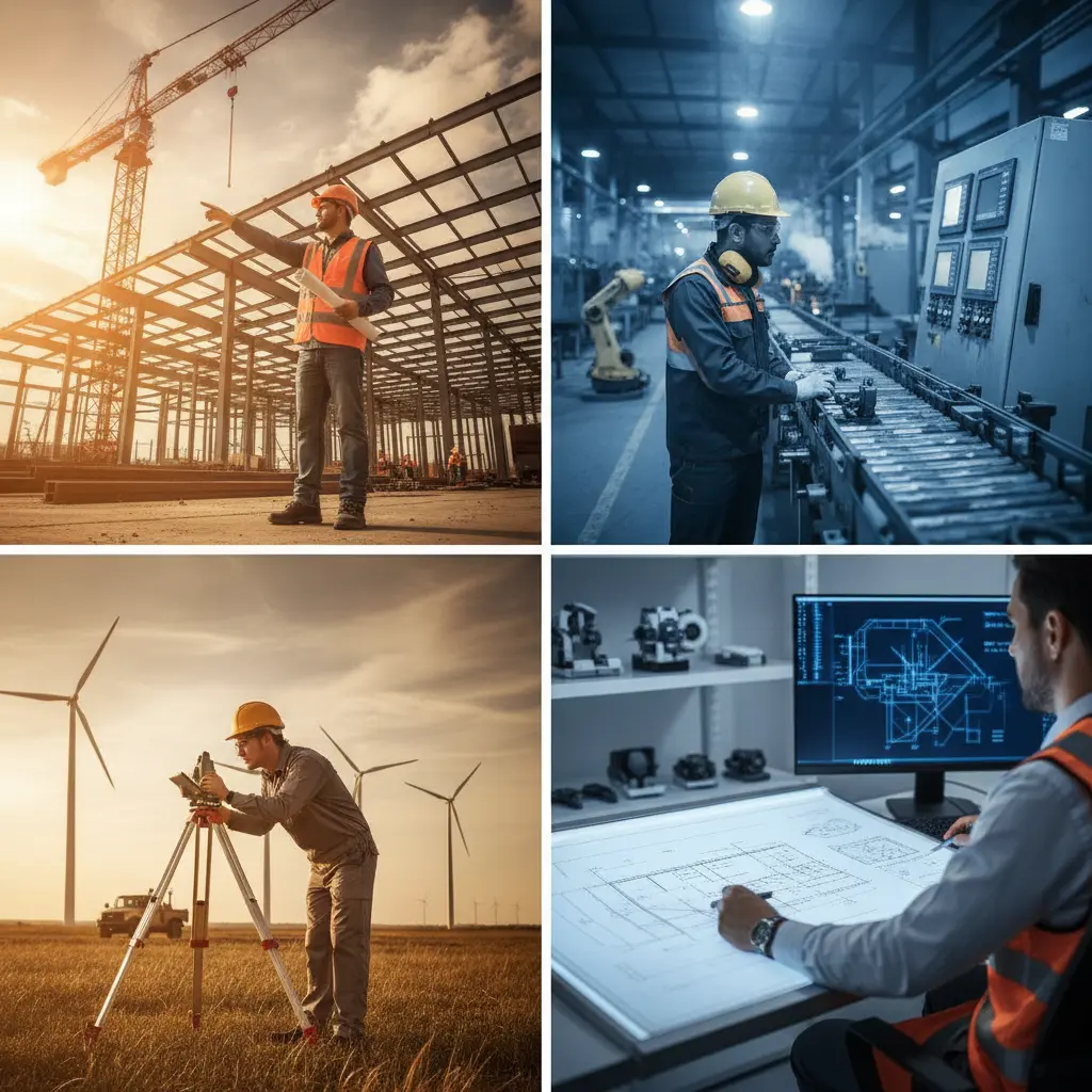 Colagem editorial com quatro ambientes de engenharia: obra com engenheiro e plantas, fábrica com linha de produção, campo com topógrafo e turbinas e escritório com engenheiro e telas CAD.