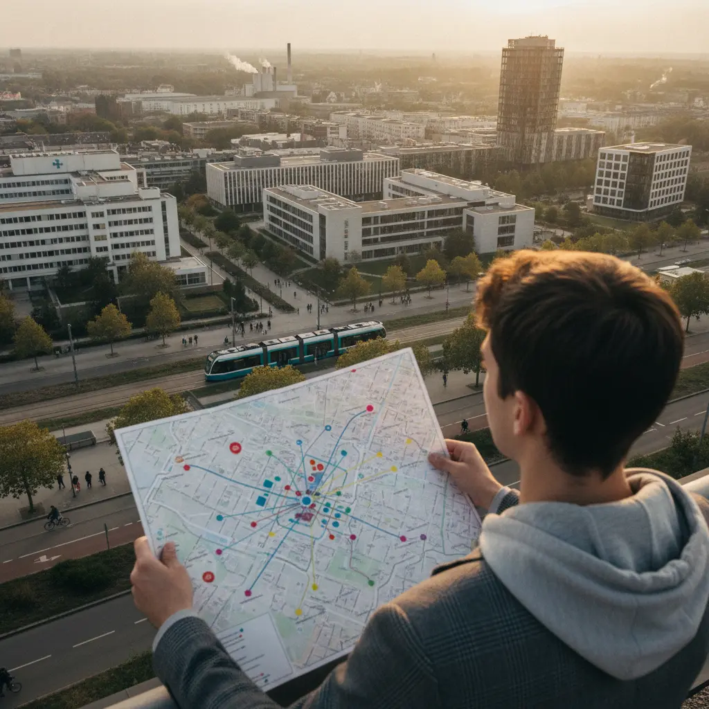 Pessoa observando mapa da cidade com vista panorâmica da universidade e locais de trabalho próximos, representando escolha da faculdade conforme mercado local.