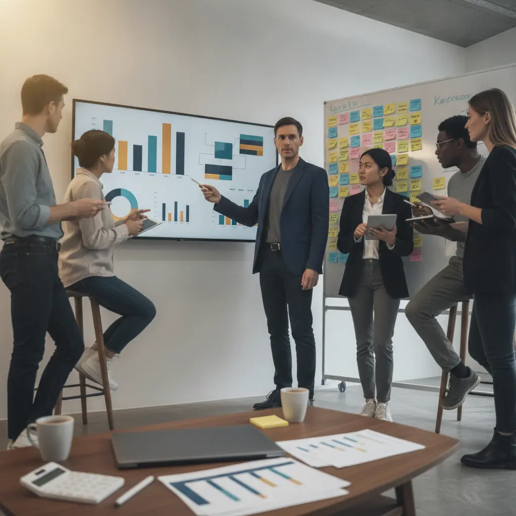 Gestor apresentando o orçamento do time diante de um dashboard e quadro Kanban, equipe discutindo em escritório moderno.