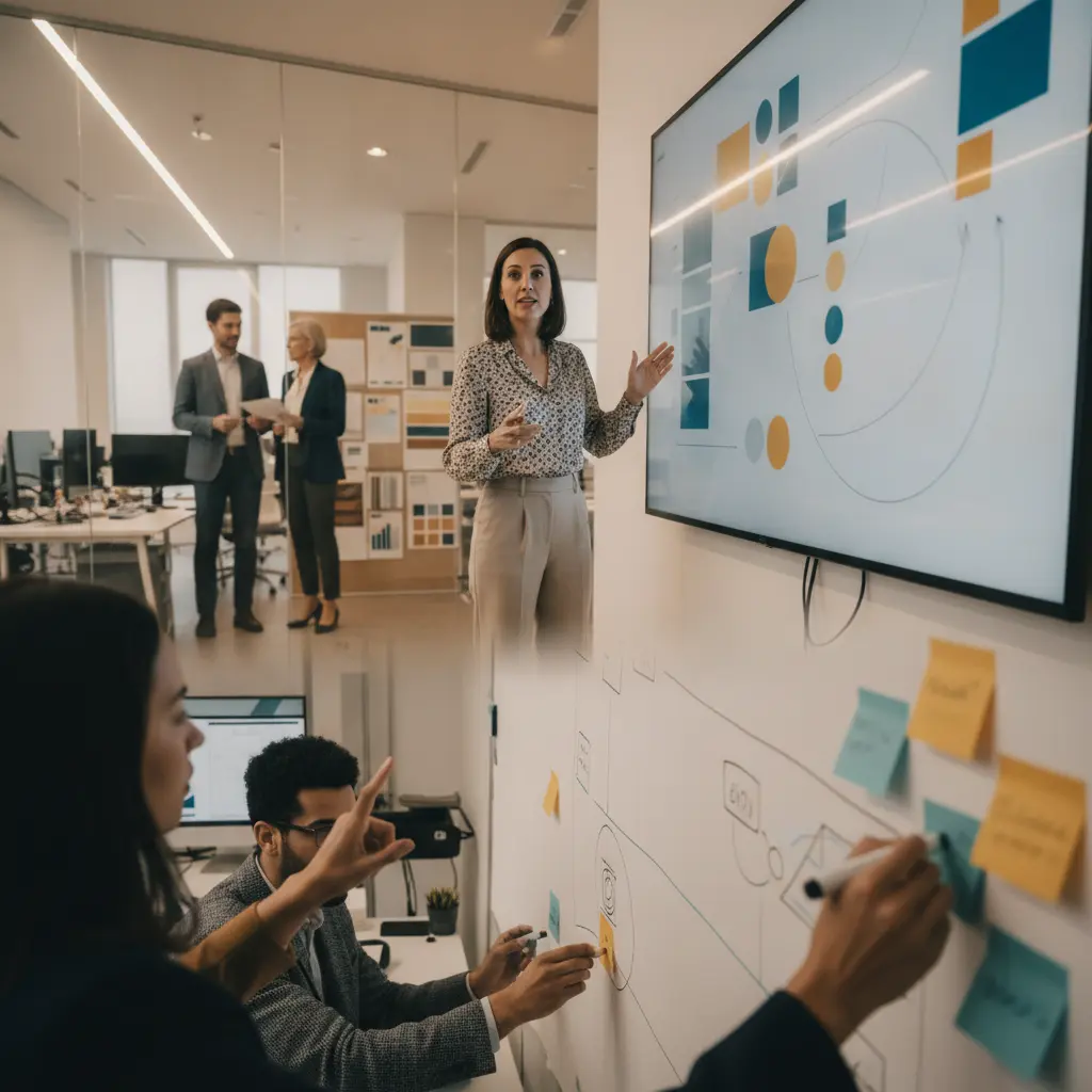 Equipe de marketing colaborando em escritório criativo, com post‑its, telas de dashboard e paletas de identidade visual, em cena editorial e iluminação cinematográfica.