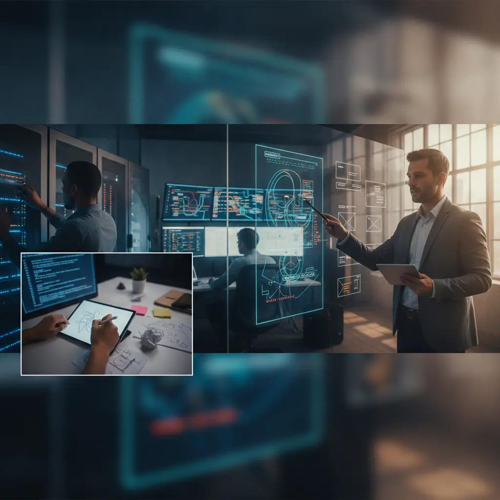 Equipe de tecnologia trabalhando em diferentes funções num ambiente de escritório: gerente de produto, engenheiro de servidores, cientista de dados e designer em ação.