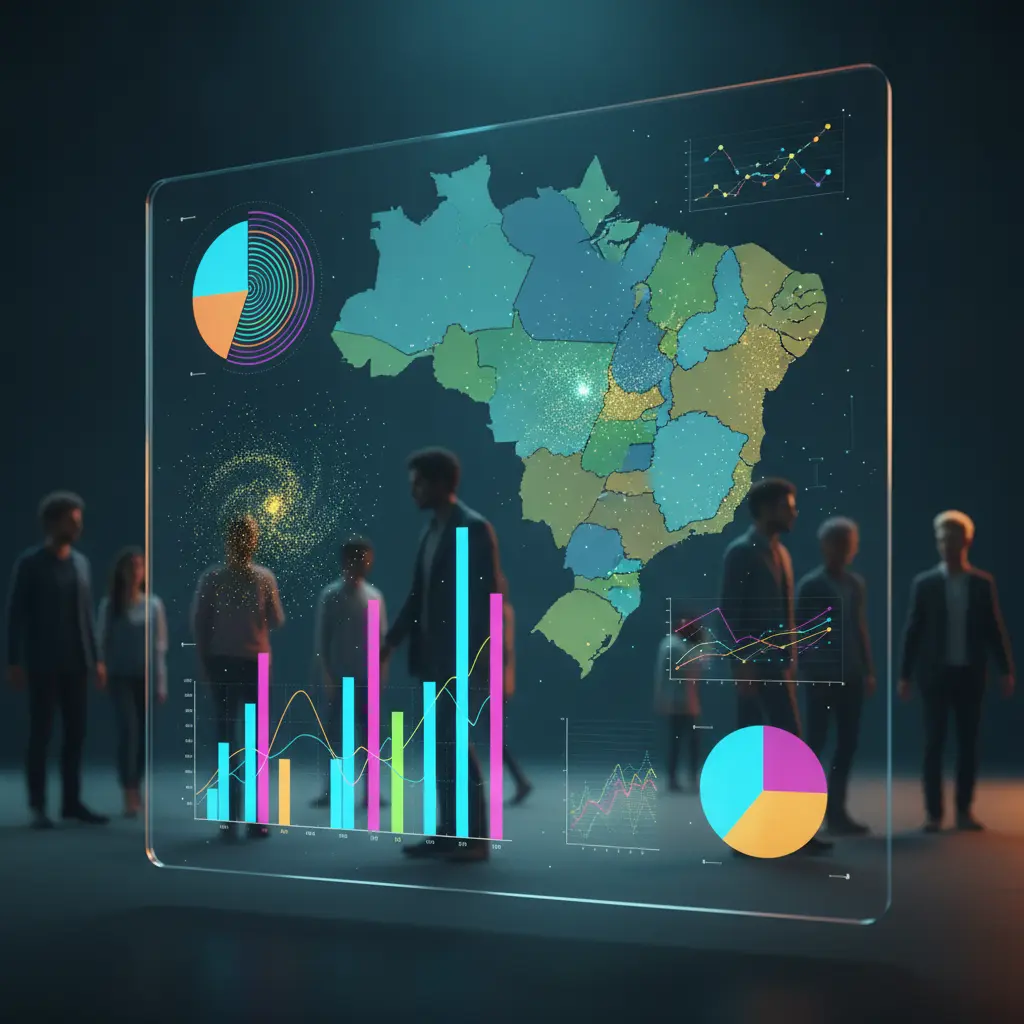 Ilustração editorial de painel translúcido com gráficos abstratos e silhuetas diversas sobre mapa do Brasil, sem texto.