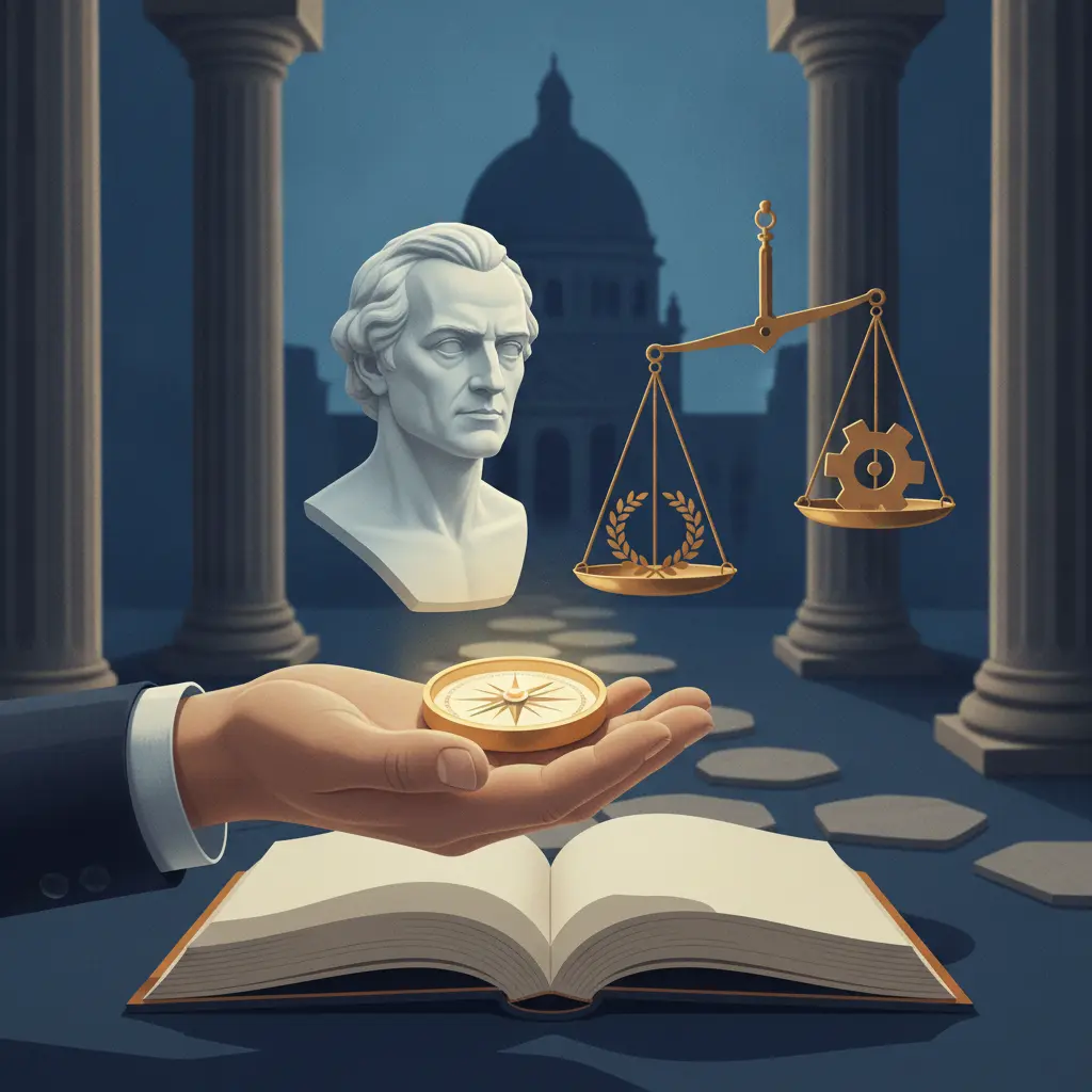 Ilustração editorial: bússola moral brilhante sobre livro aberto, busto de Kant e balança simbólica, representando autonomia e liberdade.