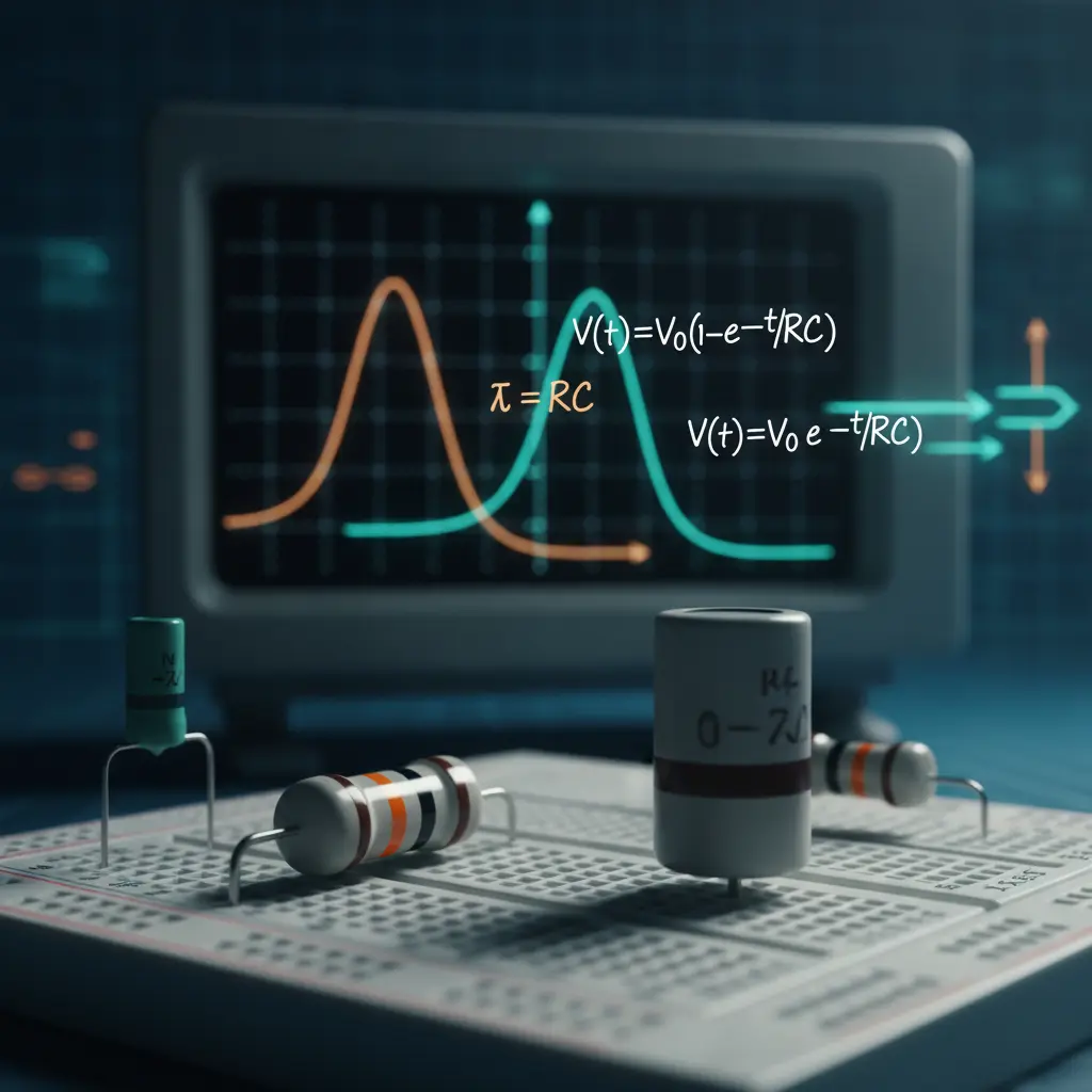 Ilustração editorial de um circuito RC: resistor e capacitor em breadboard, osciloscópio com curvas exponenciais de carga e descarga e fórmulas V(t)=V0(1−e^{−t/RC}) e V(t)=V0 e^{−t/RC).