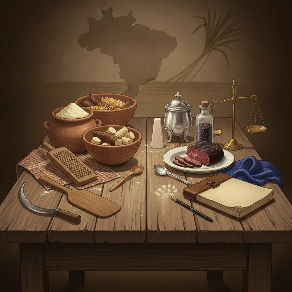 Natureza-morta editorial com alimentos coloniais, utensílios de trabalho e objetos de poder sobre uma mesa rústica que representam trabalho, hierarquia social e circulação cultural.