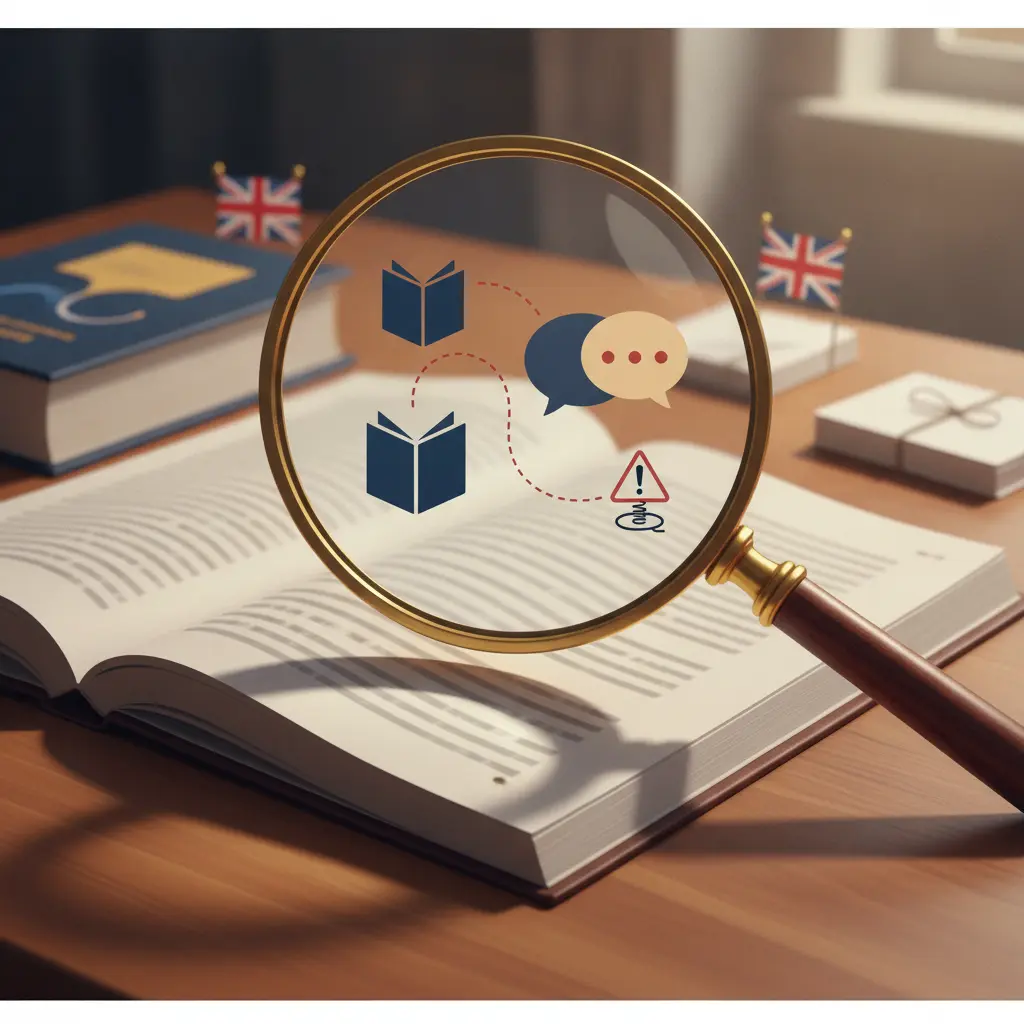 Lupa sobre um livro de leitura em inglês, com símbolos que representam cognatos e falsos cognatos e bandeiras do Reino Unido/EUA ao fundo.