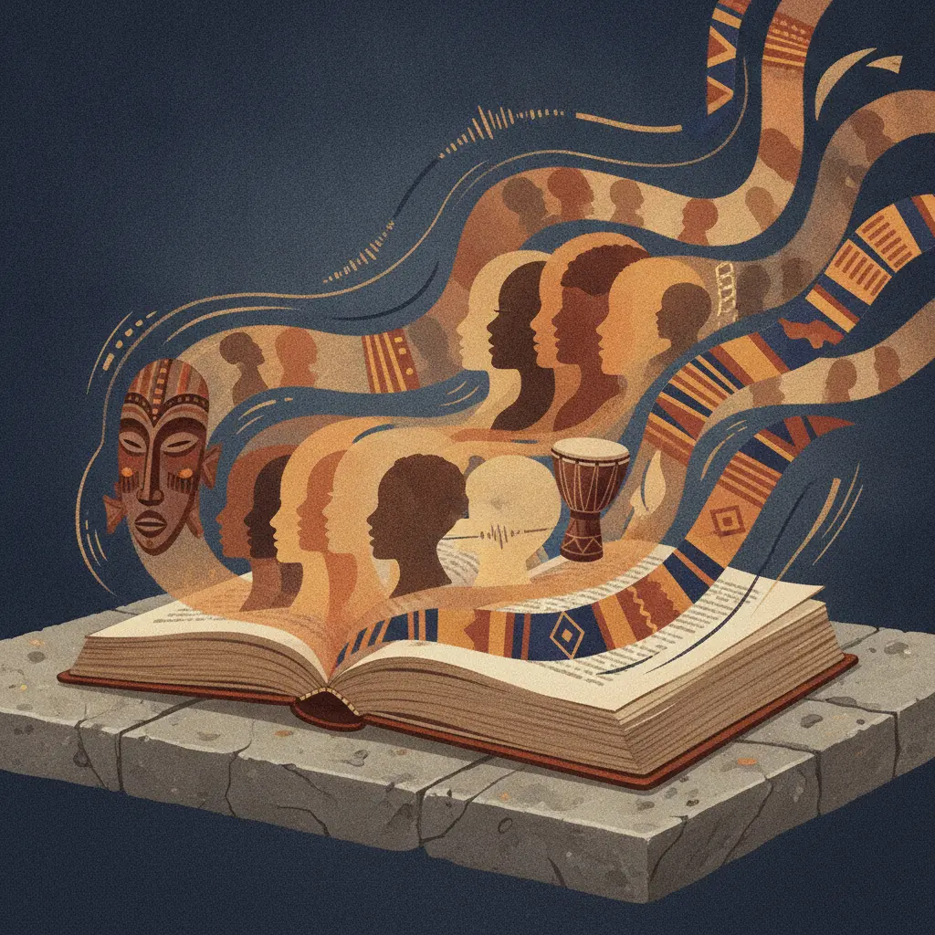 Ilustração editorial de livro aberto cujas páginas se transformam em silhuetas falantes, tambores e padrões afrodiaspóricos, evocando oralidade, memória e ancestralidade.