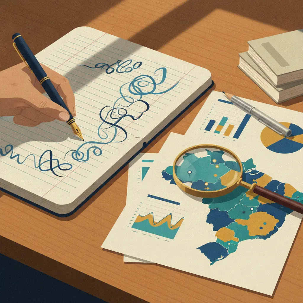 Mão escrevendo em caderno ao lado de folhas com gráficos abstratos e mapa do Brasil estilizado, caneta e livros sem títulos.