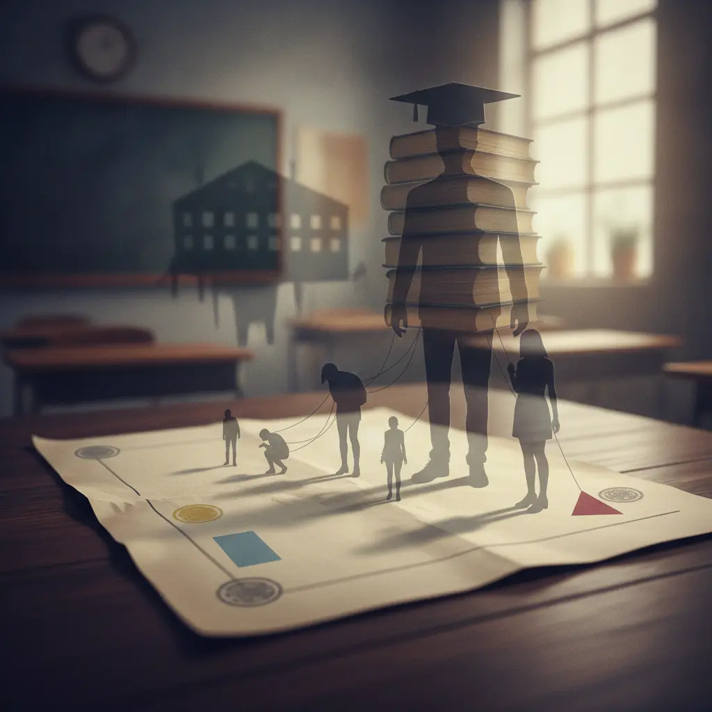 Ilustração editorial de uma prova sem texto com silhuetas de alunos desiguais ligadas a uma sombra institucional, representando violência simbólica na escola.