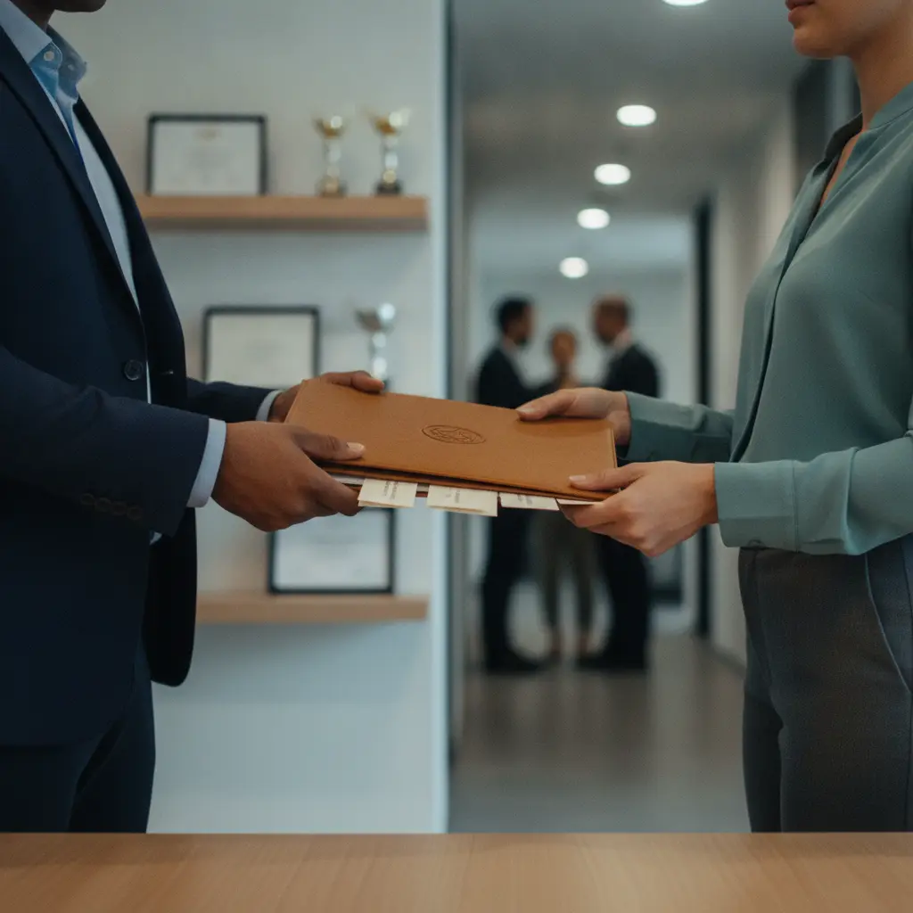 Mãos trocando um portfólio com recomendações borradas em um ambiente profissional de recrutamento.