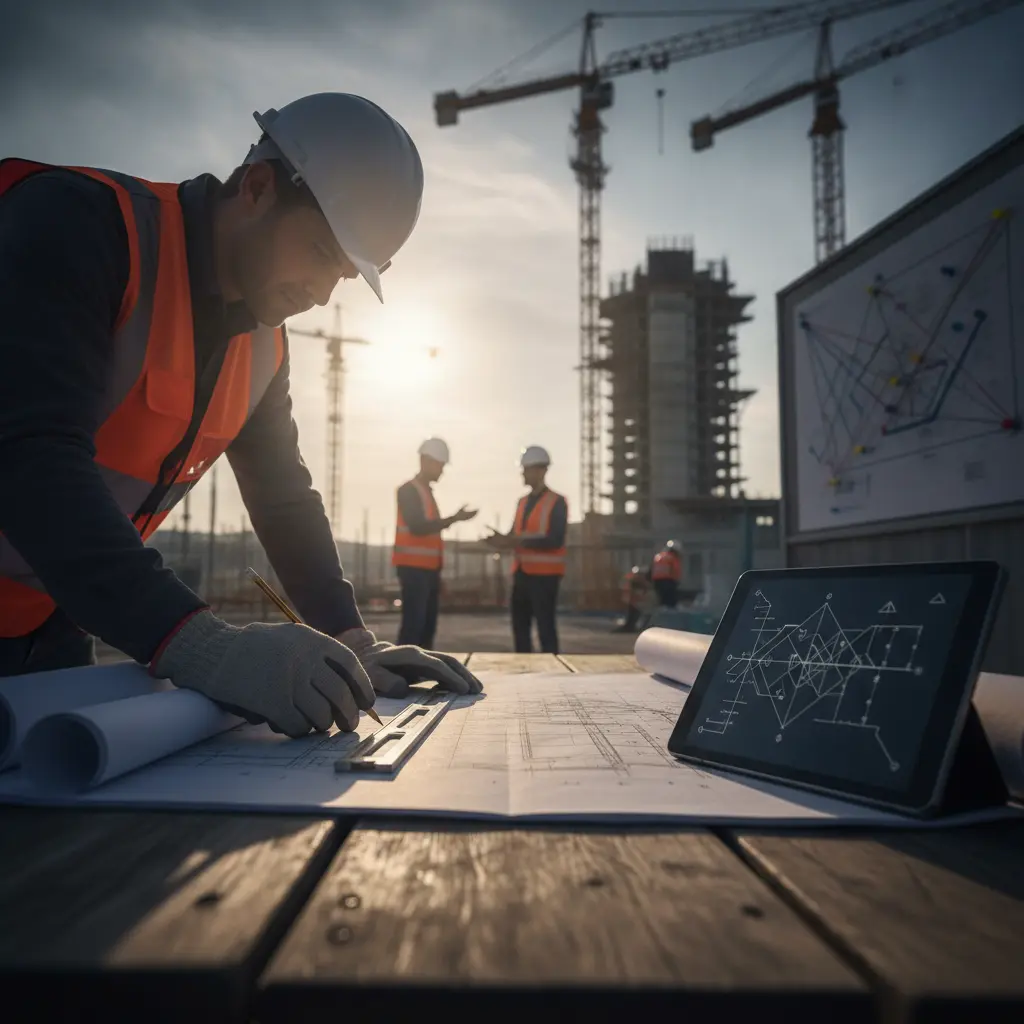 Engenheiro calmo analisando plantas em canteiro de obras movimentado, com colegas em ação ao fundo.