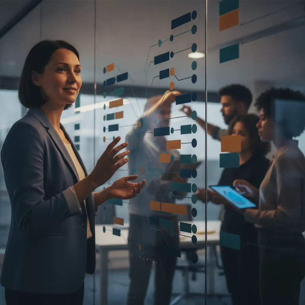 Líder em pé orientando equipe diante de um quadro Kanban colorido, ilustrando gestão proativa de conflitos.
