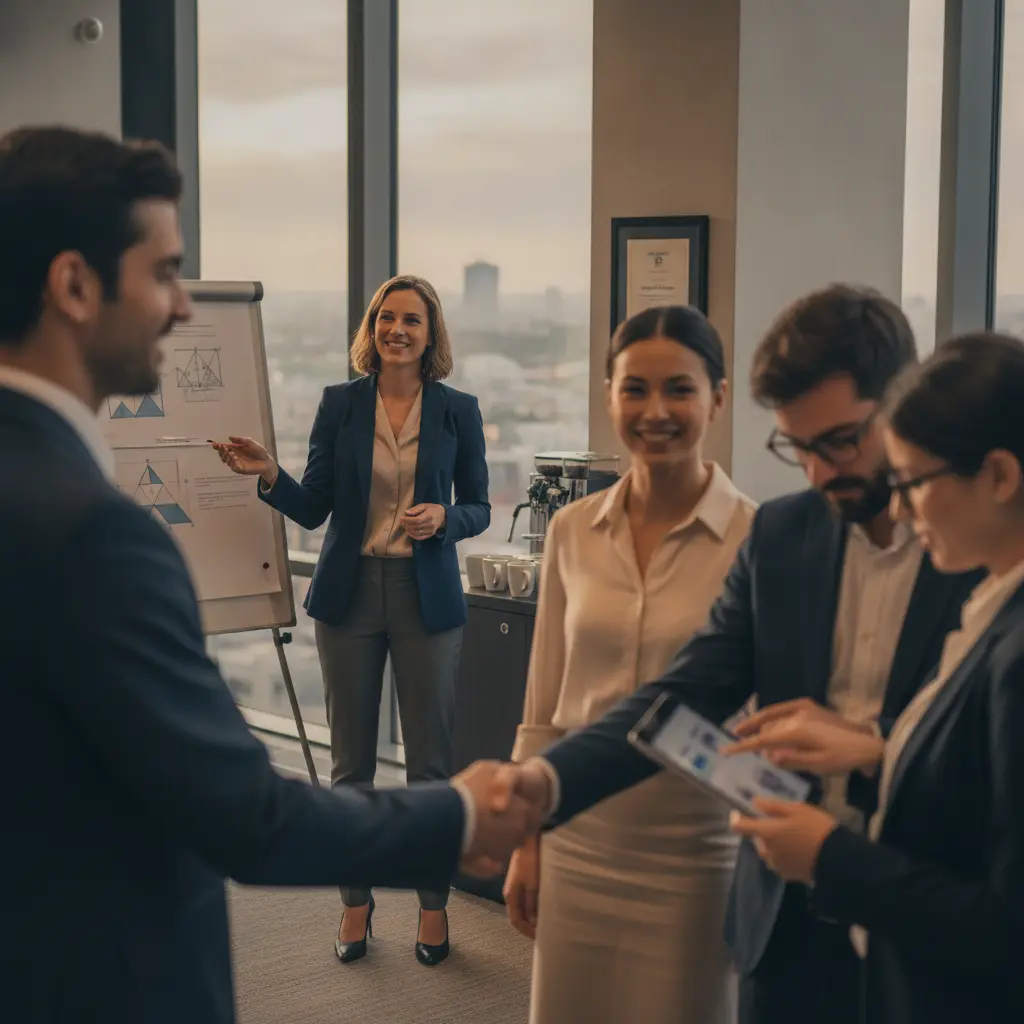Profissionais pós-graduados em ambiente executivo, com apresentação, troca de cartões e aperto de mãos, destacando autoridade, rede e projetos.