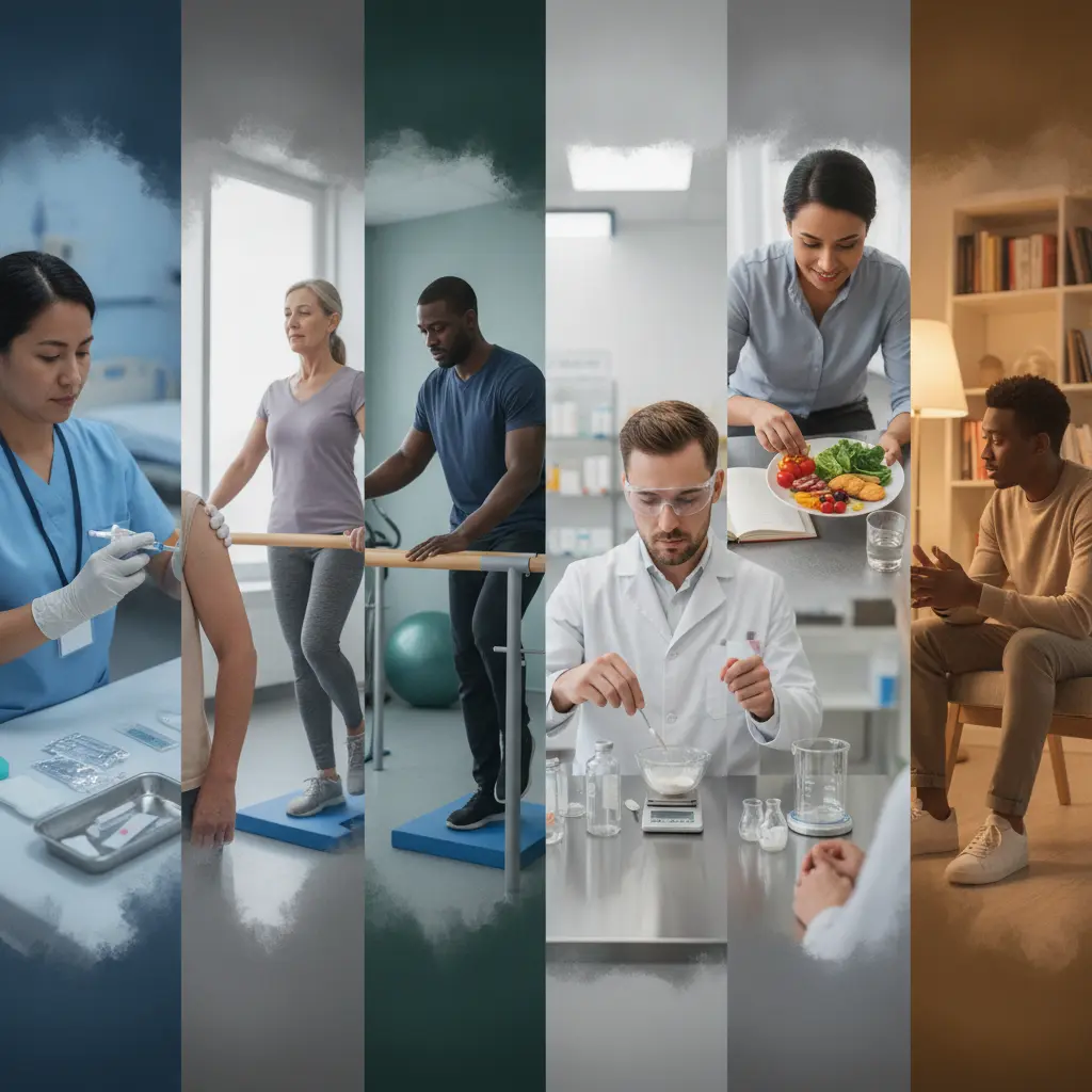 Montagem editorial mostrando profissionais da saúde (enfermeira, fisioterapeuta, farmacêutico, nutricionista, psicólogo) trabalhando em seus ambientes, ilustrando ações práticas de cada profissão.
