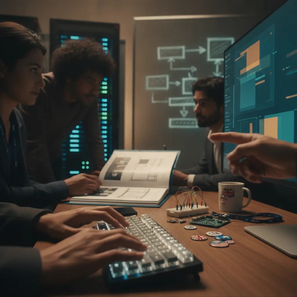 Equipe de tecnologia colaborando em escritório com monitor mostrando mockups, portfólio, hardware prático e distintivo com bandeira inglesa.