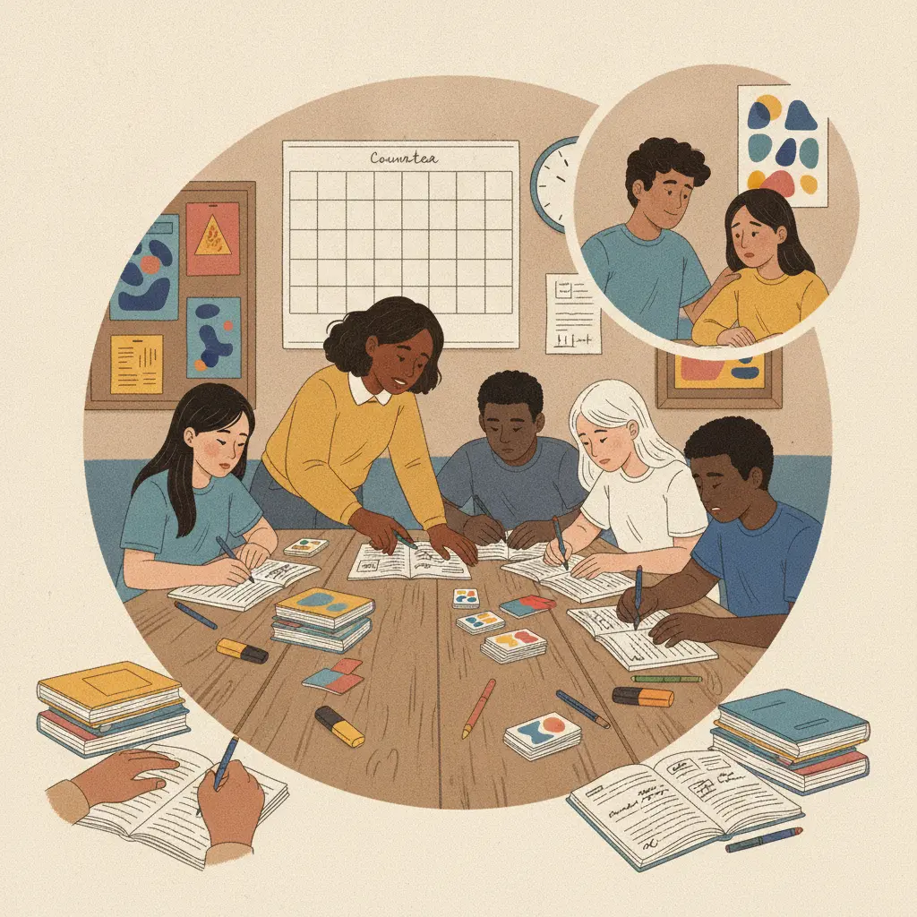 Ilustração editorial de cursinho popular na reta final do Enem: tutor orientando alunos com apostilas e flashcards, e momento de apoio emocional.