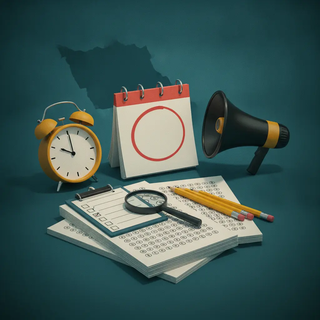 Ilustração editorial com cartela de respostas, lápis, lupa, calendário marcado e silhueta do Espírito Santo.