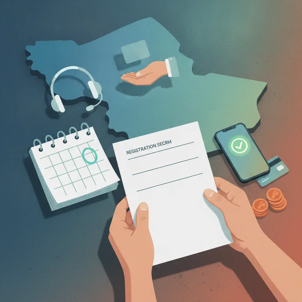 Ilustração editorial com mãos segurando formulário de inscrição, mapa de Mato Grosso do Sul ao fundo, calendário com dia destacado, ícone de pagamento e atendimento, representando prazo extra para inscrição do Enem.