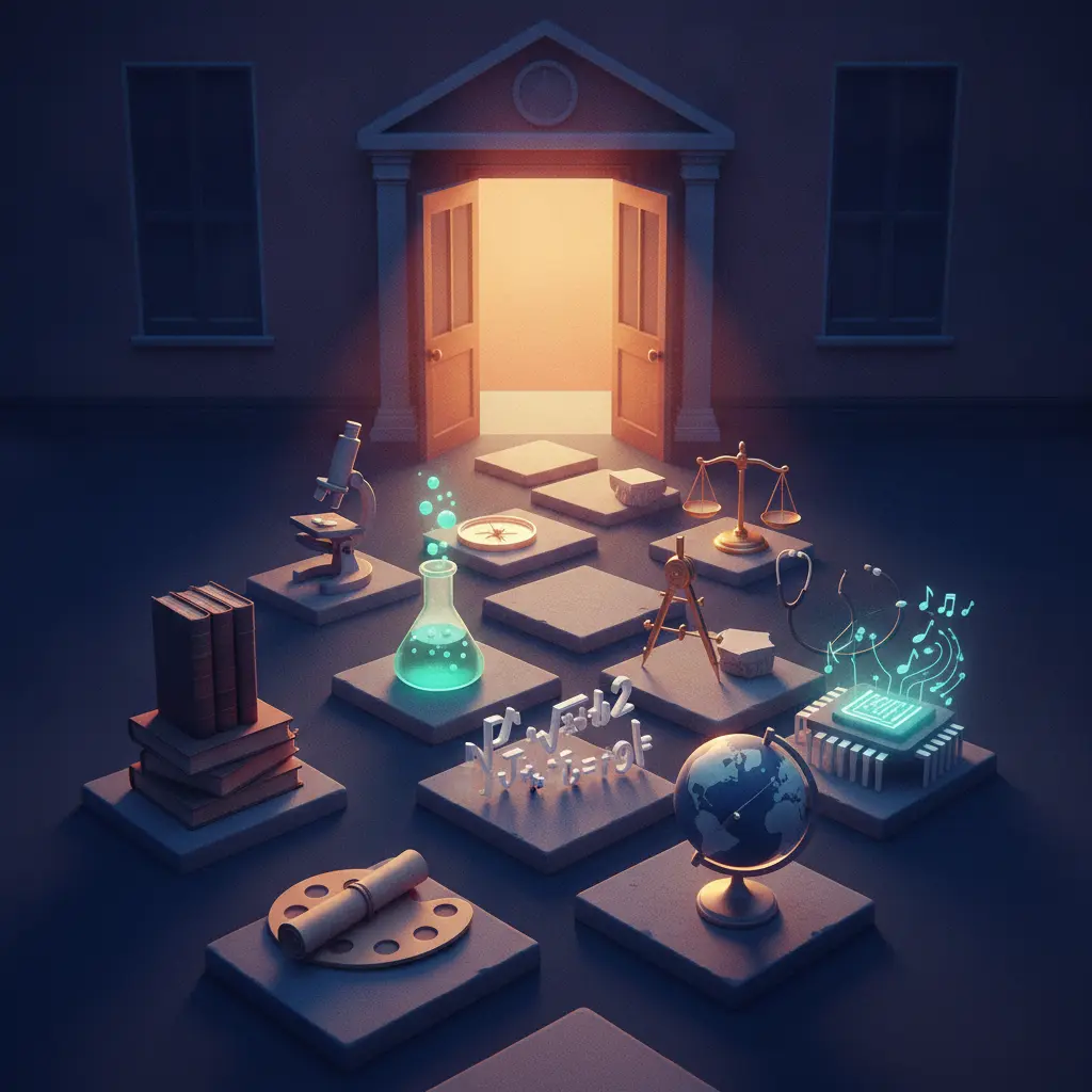 Ilustração editorial de caminho com tiles simbólicos de várias áreas do conhecimento levando a uma porta de escola pública iluminada.