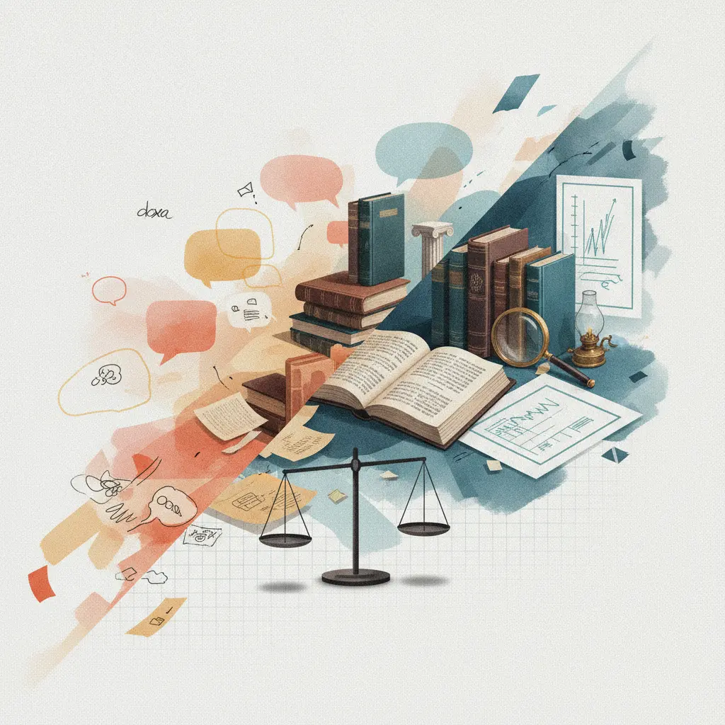 Ilustração editorial dividida entre doxa (pinceladas coloridas e nuvens de fala) e episteme (livros, lupa, diagrama, coluna grega) com uma balança ao centro, sem texto.