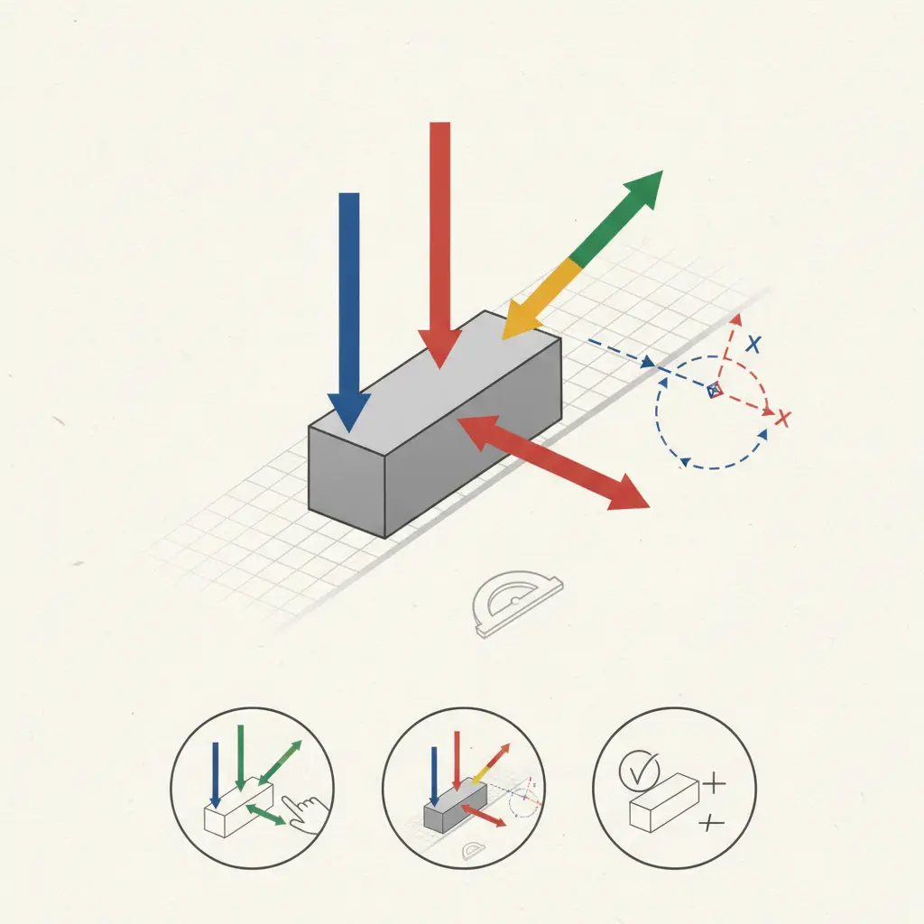 Ilustração editorial de bloco em plano inclinado com setas coloridas indicando forças e eixos inclinados para leitura de diagramas de corpo livre.