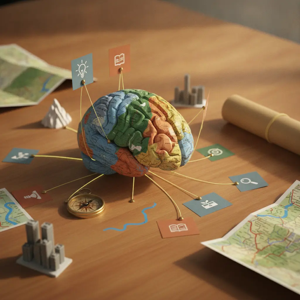 Ilustração editorial de um cérebro formado por mapas e elementos geográficos (globo, bússola, ícones de montanha e rio) sobre uma mesa, com cartões coloridos conectados como mapa mental.