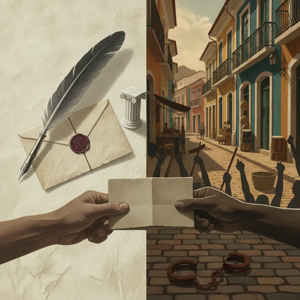 Ilustração editorial simbólica da Conjuração Baiana: rua colonial de Salvador, instrumentos e mãos erguidas, quill e pergaminho representando o contraste com elites.