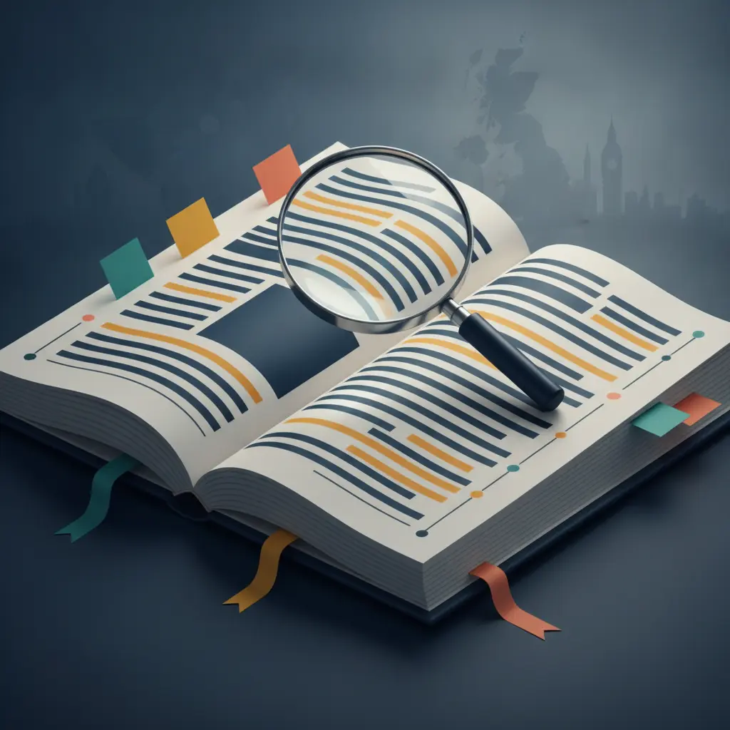 Ilustração editorial de livro de inglês aberto com lupa, marcadores coloridos e ícones indicando palavras-chave e marcadores discursivos, com silhueta de Londres ao fundo.