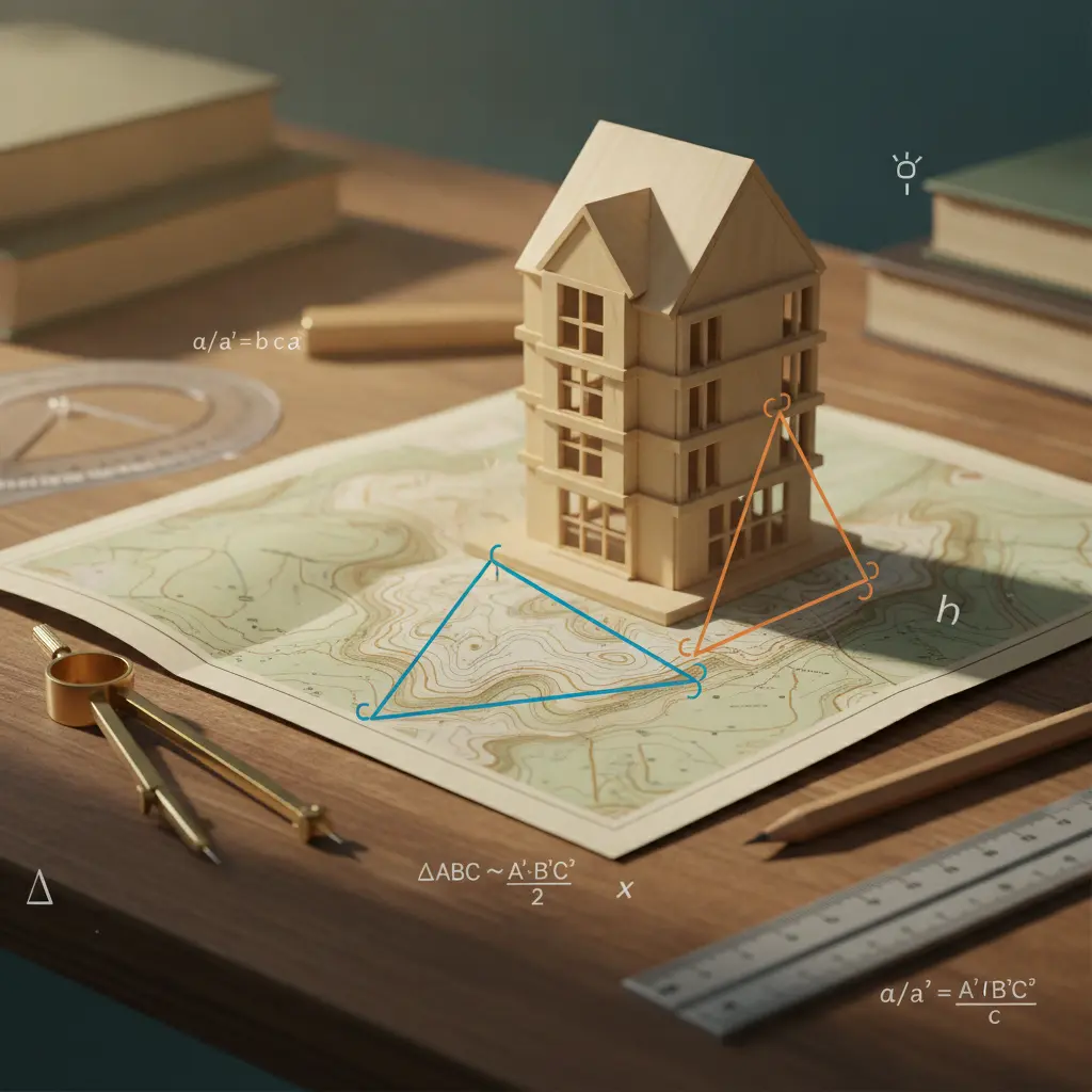 Ilustração editorial mostrando maquete, mapa e réguas com triângulos semelhantes e fórmulas de semelhança.