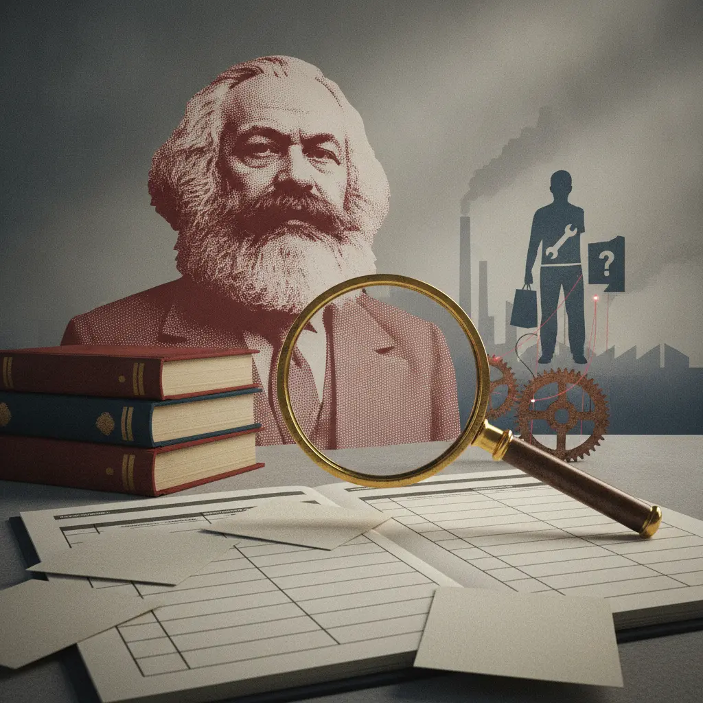 Ilustração editorial com busto de Marx, livros, prova em branco, lupa e silhueta fragmentada simbolizando alienação para interpretar textos do ENEM.
