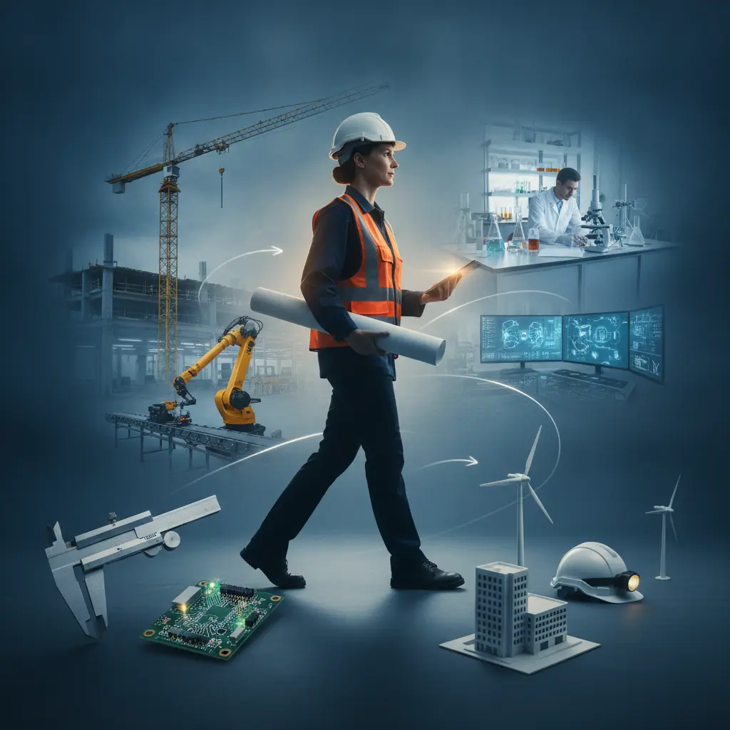 Engenheiro com planta em primeiro plano e cenas desfocadas de canteiro, fábrica, laboratório e sala de controle ao fundo formando um mapa de caminhos da carreira.