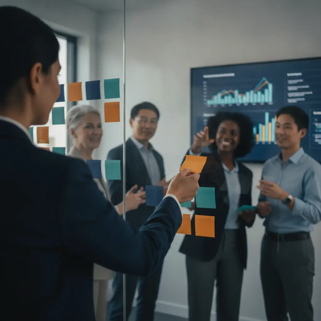Líder delega post-it a equipe diante de quadro Kanban em ambiente profissional.