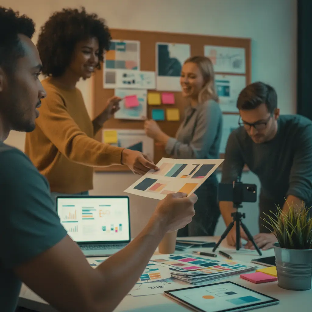 Pequena equipe de marketing em estúdio criativo trocando mockups e materiais, mostrando trabalho multitarefa.