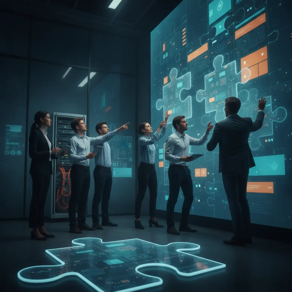 Time de tecnologia encaixando peças de quebra-cabeça que formam uma interface digital em um estúdio moderno.