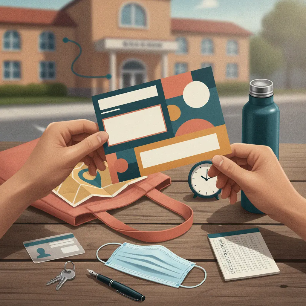 Ilustração editorial de mãos segurando cartão de confirmação do ENEM com mapa e itens de checklist (documento, caneta, máscara), prédio da escola ao fundo.