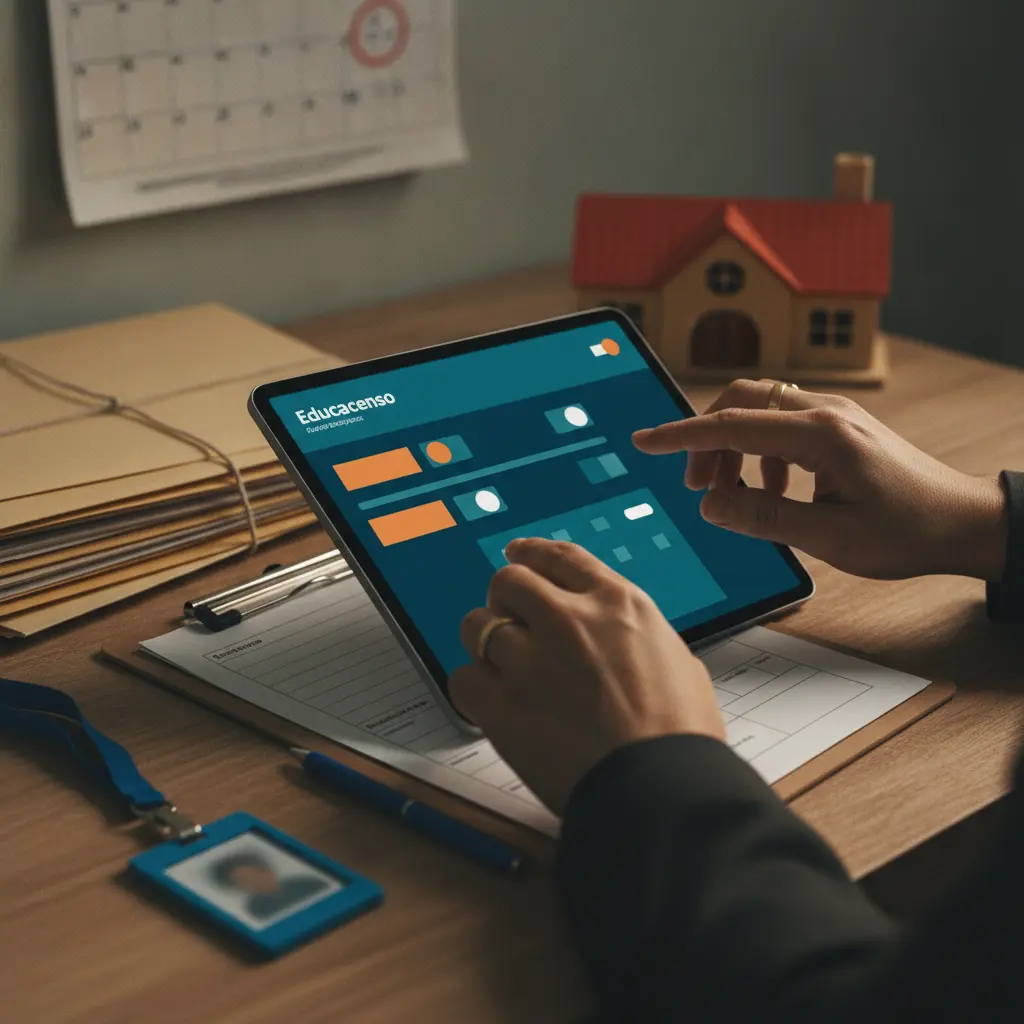 Mãos de funcionário escolar preenchendo formulário digital do Educacenso em tablet, com clipboard, arquivos e calendário marcado ao fundo.